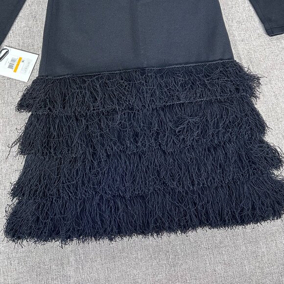 Calvin Klein Sheath Dress Women's Small Shag Fringe Trim Knit Black Party NWT - Picture 10 of 16